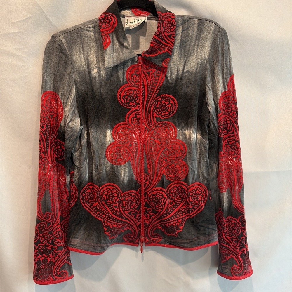 JOSEPH RIBKOFF Womens 6 Red Black Floral Paisley Full Zip Stretch Jacket Collar
